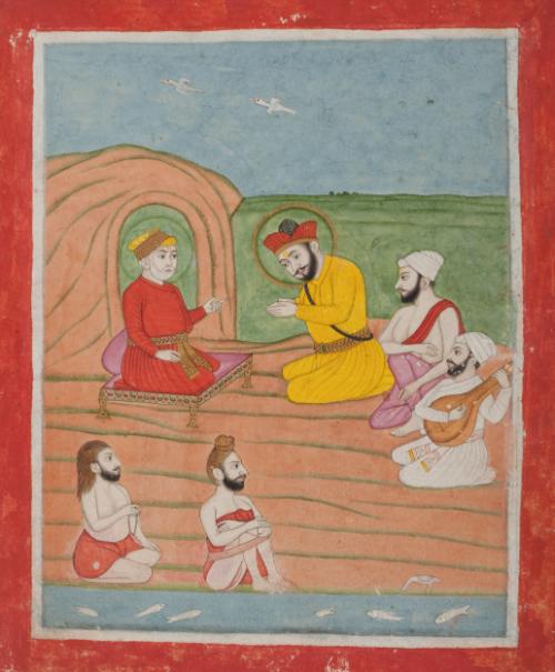 Guru Nanak meets the poet Kabir, page from a manuscript of the Janam Sakhi (Life Stories)