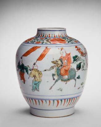 Jar with a mythical creature (qilin) and boys