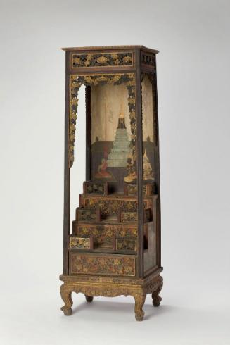 Tiered stand for Buddha images, with a scene of Phra Malai preaching in Indra's Heaven