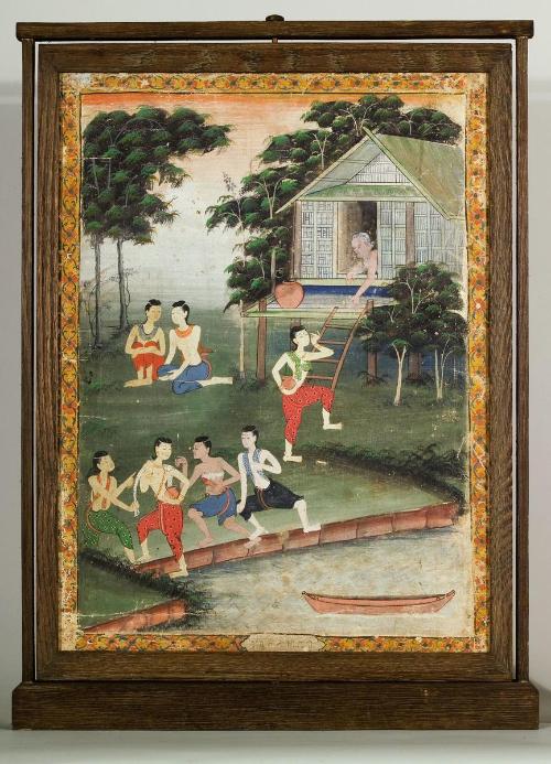 Jujaka's wife is ridiculed; she then urges her husband to ask Vessantara for his children, a scene from the next-to-last life of the Buddha (Vessantara Jataka) - side A; Another scene from the next-to-last life of the Buddha (Vessantara Jataka) - side B