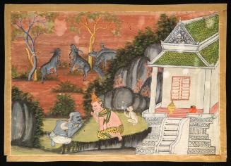 Jujaka asks the hermit Acchuta where Vessantara is staying, a scene from the next-to-last life of the Buddha (Vessantara Jataka)