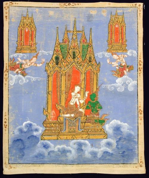 Indra entreats the Buddha-to-be to descend to earth for his last life