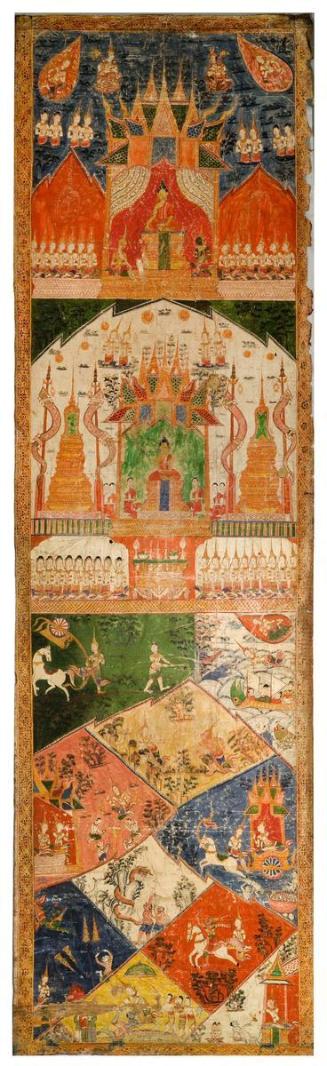 The Buddha preaching in Indra's heaven; Scenes from ten of the Buddha's previous lives