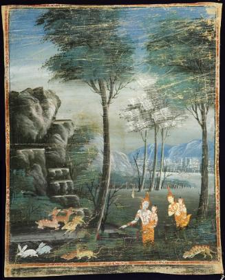 Vessantara and his family enter the forest, a scene from the next-to-last life of the Buddha (Vessantara Jataka)