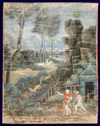 Jujaka encounters the hunter, a scene from the next-to-last life of the Buddha (Vessantara Jataka)