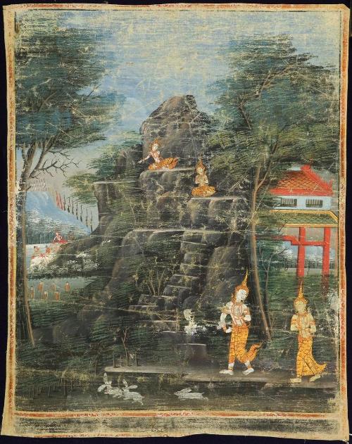 Vessantara and his wife see the approach of Vessantara's father's retinue, a scene from the next-to-last life of the Buddha (Vessantara Jataka)