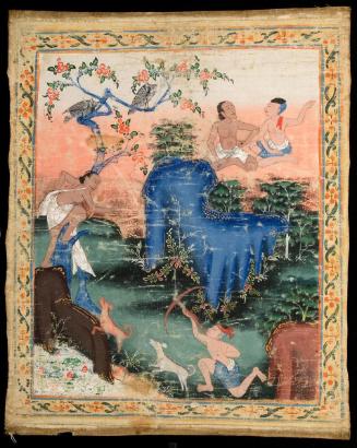 Jujaka encounters the hunter, a scene from the next-to-last life of the Buddha (Vessantara Jataka)