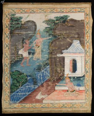 Jujaka asks the hermit Acchuta where Vessantara is staying, a scene from the next-to-last life of the Buddha (Vessantara Jataka)