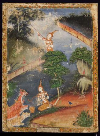 Vessantara's wife encounters a lion, tiger, and leopard, a scene from the next-to-last life of the Buddha (Vessantara Jataka)