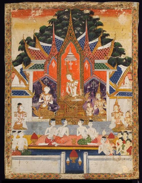 Vessantara, reunited with his family, attends his father the king, a scene from the next-to-last life of the Buddha (Vessantara Jataka)