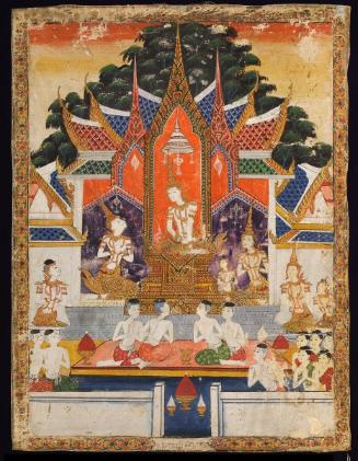 Vessantara, reunited with his family, attends his father the king, a scene from the next-to-last life of the Buddha (Vessantara Jataka)