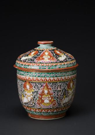 Lidded jar with mythological figures