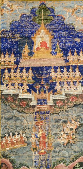 The Buddha preaches in Indra's heaven and descends to earth