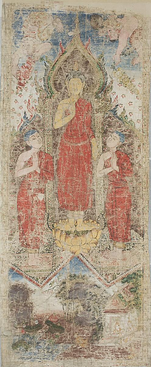 Standing Buddha flanked by two disciples; scene from a previous life of the Buddha: Vessantara and his family in the forest