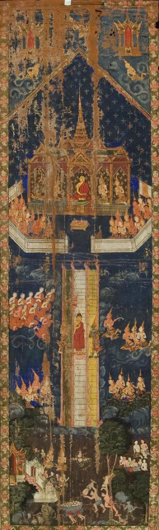 The Buddha preaches in Indra's Heaven and descends to earth, with hell below