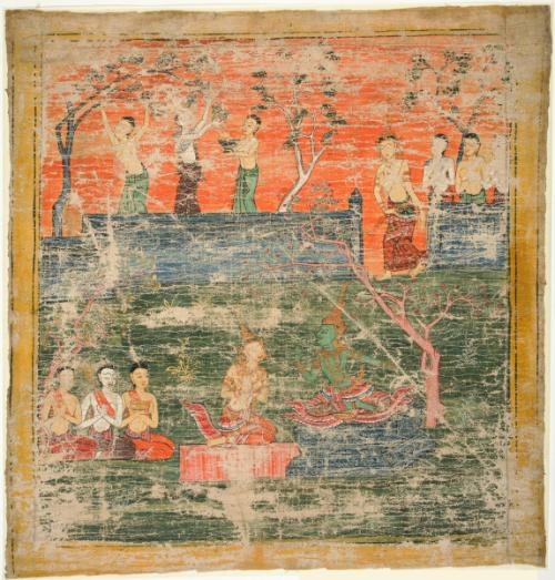 Indra grants Phusati ten favors before she descends from heaven to become the mother of Vessantara, a scene from the next-to-last life of the Buddha (Vessantara Jataka)