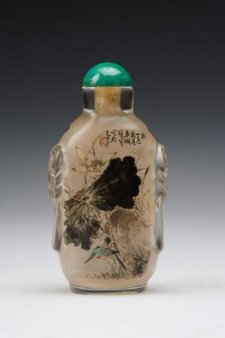 Snuff bottle painted inside with lotus, kingfisher, and calligraphy of a poem by Meng Haoran (active 713-741)