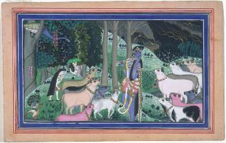 Krishna and villagers herding cows in the storm