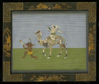 A Winged spirit (peri) on a composite camel, with 18th century English Chinoiserie frame